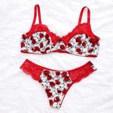 Women Sexy Red Lace Lingerie Set Rose Floral Print  Bra & Panty 3X-large