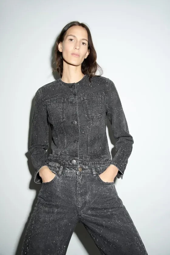 3♡ Zara Sequinned Denim Jacket ZW Collection Grey Rhinestone S Small