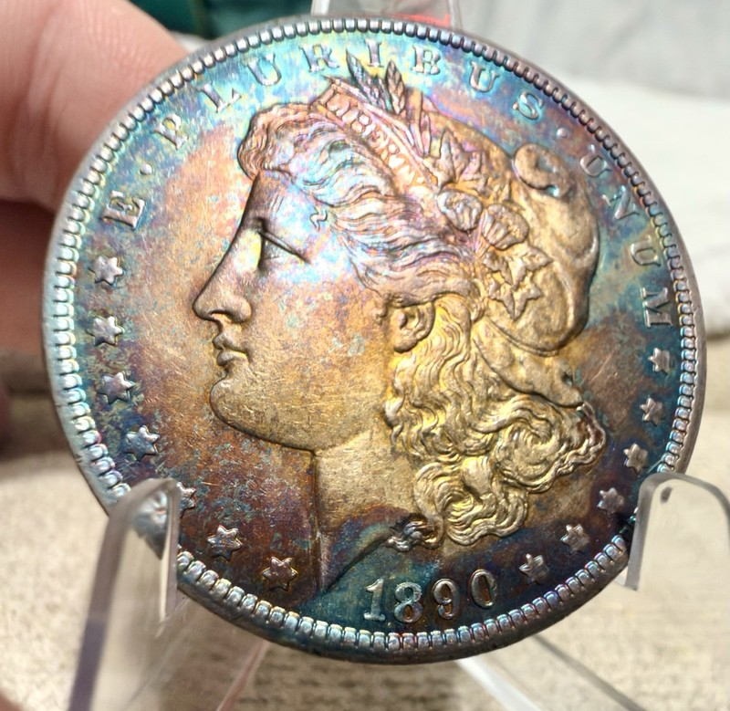 1890 GEM BU MS MORGAN DOLLAR MONSTER RAINBOW TONER BULLSEYE OBVERSE