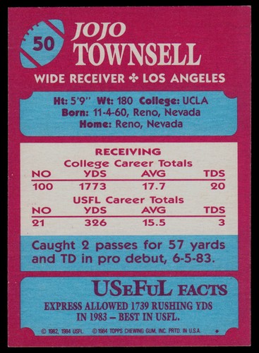 1984 Topps USFL #50 JoJo Townsell Los Angeles Express - Picture 2 of 2