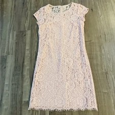 LOFT Ann Taylor Blush Pink Floral Lace Sheath Dress Sz 0 Short Sleeve Back Zip