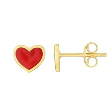 Mini Red Enamel Heart Stud Earrings Real 14K Yellow Gold