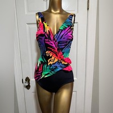 Vintage Womens One Piece Swimsuit Floral Neon Colored Bow Size 6 Black