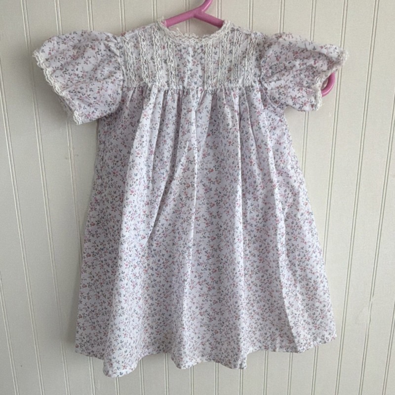 Vintage Girls' Floral Lace Puff Sleeve A-Line Dress, Smocked, Button Back