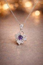 Silver Flower Pendant Necklace with Round Amethyst and Diamond Cable Chain