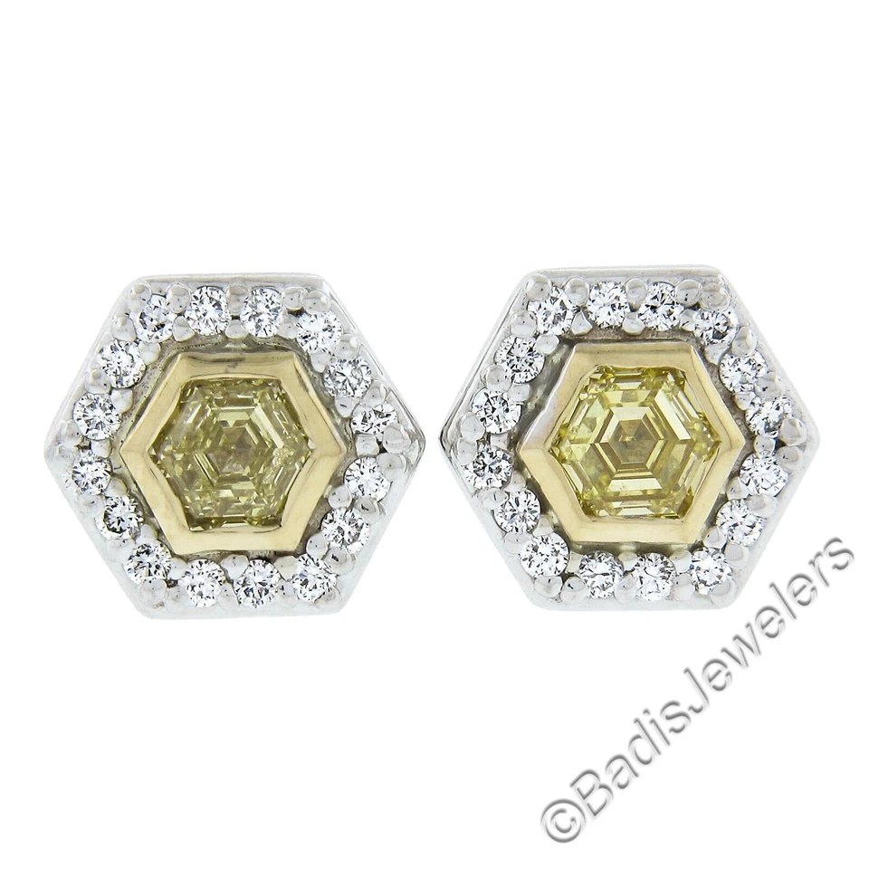 NUEVO ORO 18k 0.96ctw GIA Hexagonal Elegante Diamante Amarillo con Halo Aretes Foto 4 de 4