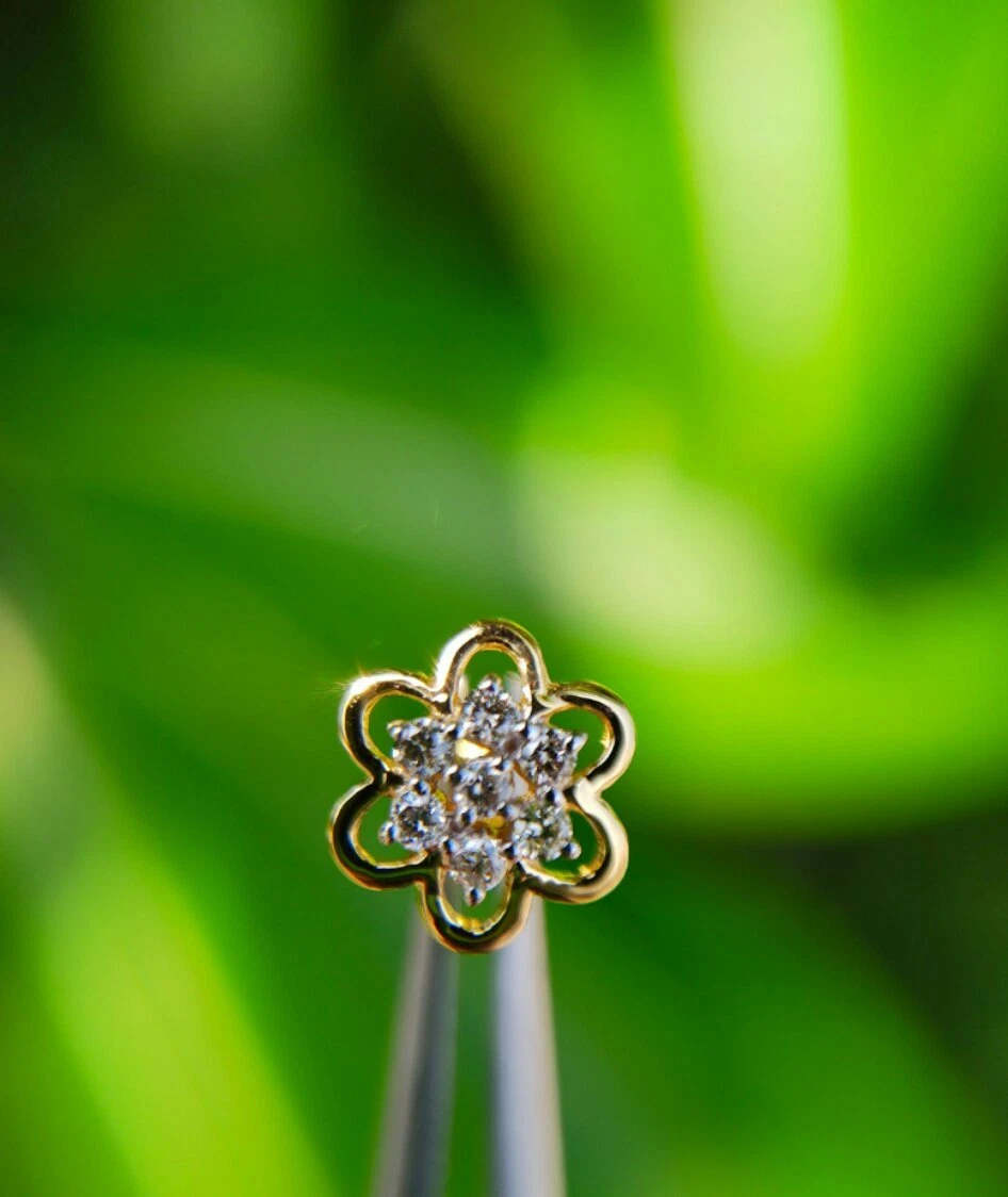 14K Yellow Gold Handmade Diamond Flower Nose Piercing Jewelry