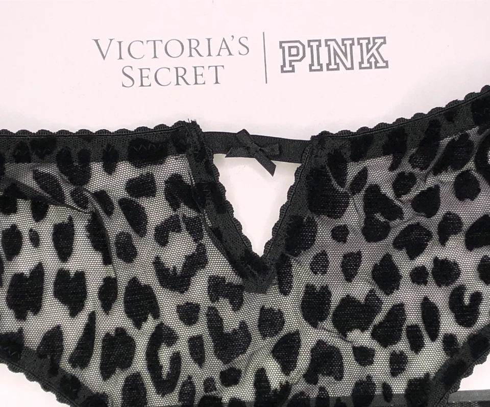 Panty descarado Victoria's Secret muy sexy nuevo con etiquetas mediano negro malla estampado de leopardo Foto 2 de 4