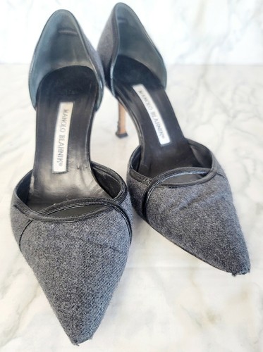 MANOLO BLAHNIK Gray & Black Tweed Heels Slingbacks 36.5 sex in the city shoes ! - Picture 2 of 12