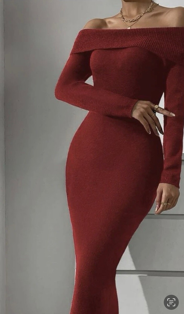 strapless open back dress Depny Off-Shoulder Long -Sleeve Maxi Dress in Cherry Red
