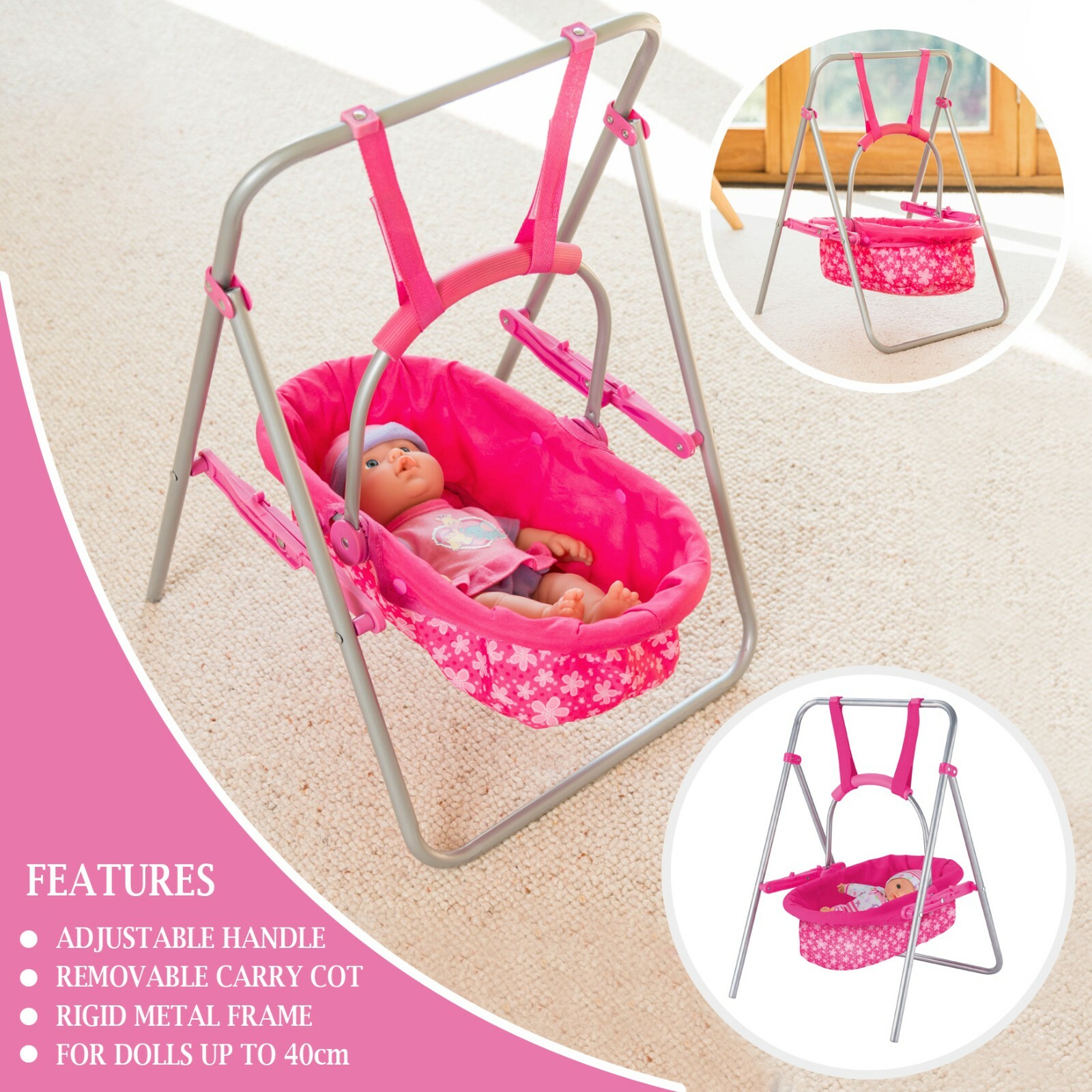 Snuggles Baby Dolls Pink Swing Removable Carry Cot Cradle Cot Kid Role