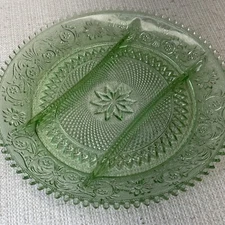 VINTAGE Indiana Sandwich Glass Tiara Green 12" Divided Serving Tray Platter Dish