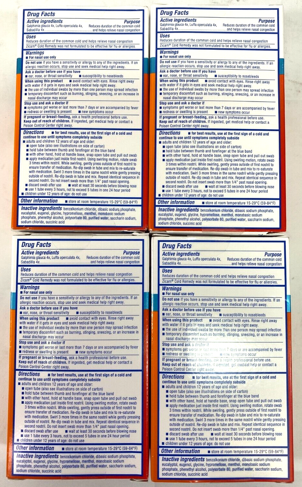 Lot of 4 Zicam Cold Remedy Nasal Swabs (20) Pack Menthol Shortens Colds