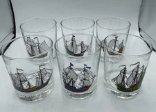 Vtg 6 Schooner Boats Sailing Ships Whiskey Low Ball Drinks Glasses Bar Man Cave