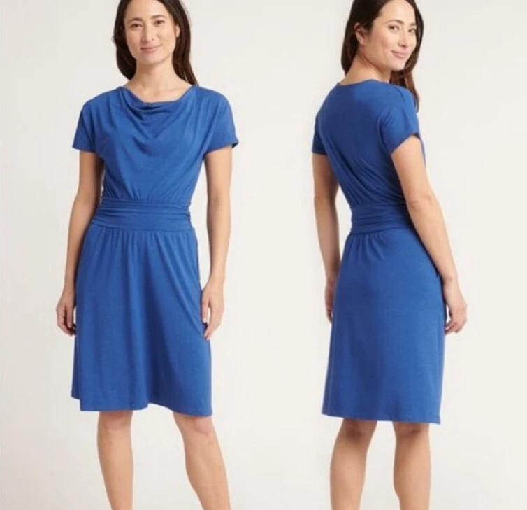 Betabrand Canopy Dress Small Blue Pockets Short Sleeve Cowl Neck Bamboo Travel