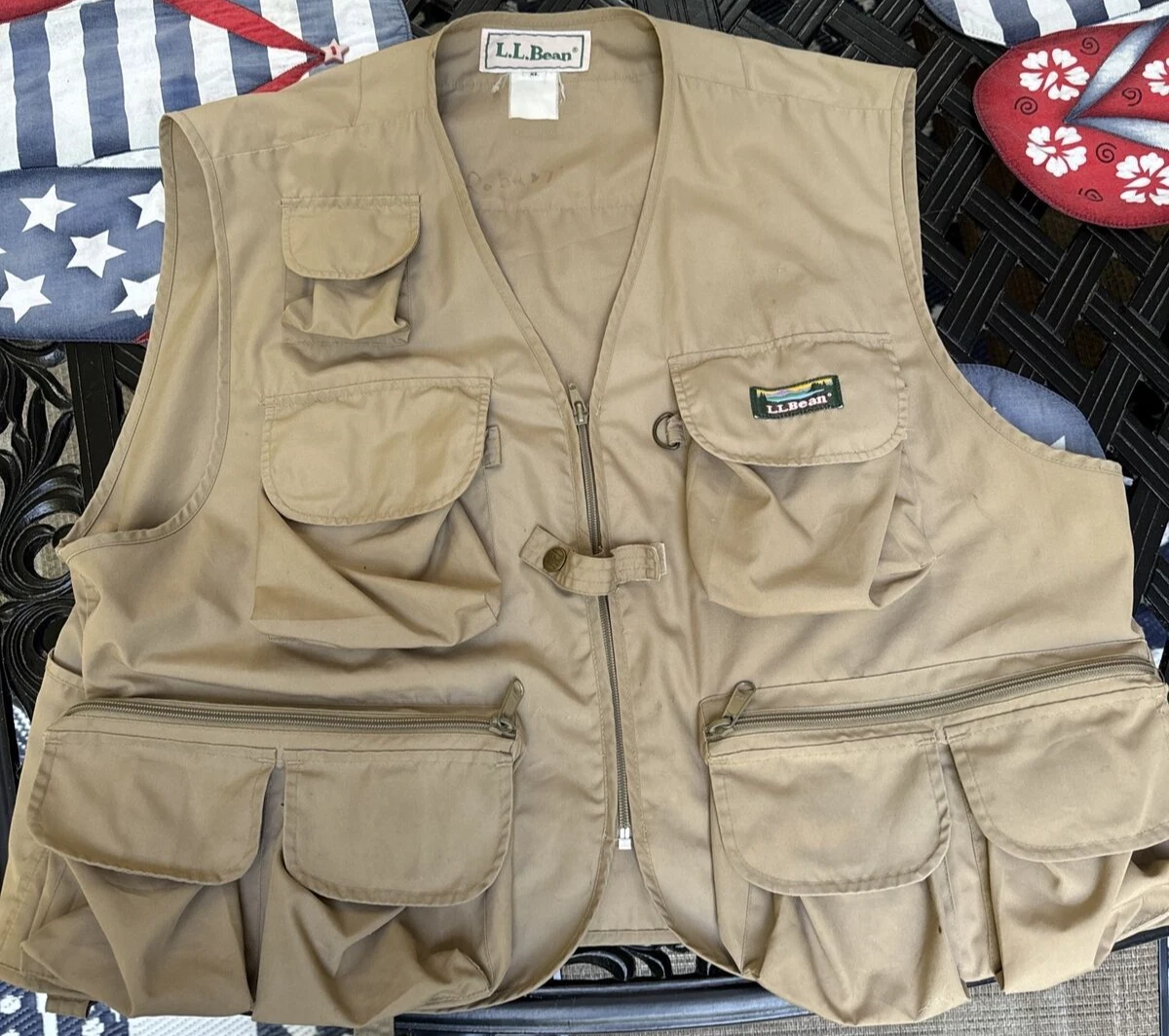 LL Bean Men XL Khaki Outdoor Fishing Fly Fishing Safari Hiking Vintage Vest