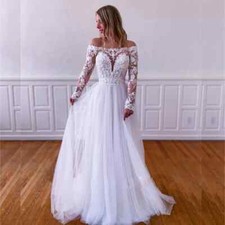 Beach Wedding Dresses Off Shoulder Illusion Long Sleeves Bridal Gowns Plus Size