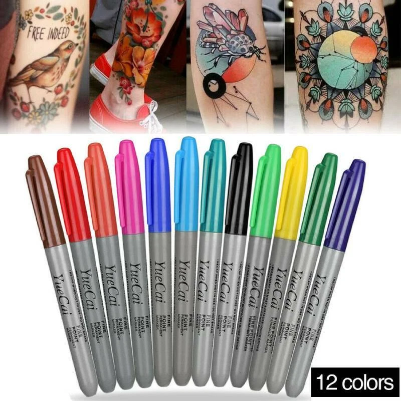 12pcs 3D Mixed Colors Tattoo Skin Marker Pen Scribe Body Art