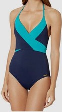  375 Vince Camuto Women's Blue Color Block Halter One-Piece Swimsuit Size 10