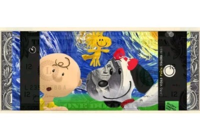 Death NYC ltd signed art bank note $1 USD DOLLAR Charlie Brown Snoopy Woodstock