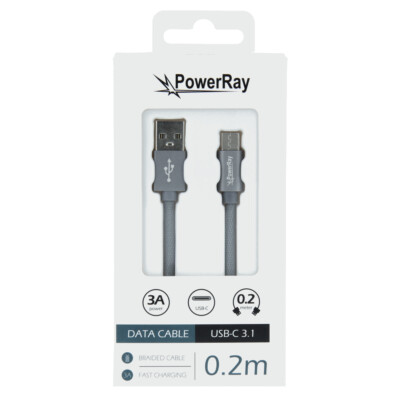 PowerRay Kabel, Daten- und Ladekabel, USB / USB-C, 0.2 m, textilummantelt