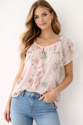 LOFT Floral Blouse Women s XS Pink Chiffon Ruffle Front Flutter Sleeve Top NWT