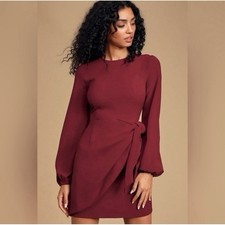 Lulus Women's Small Believe It Or Knot Wine Red Long Sleeve Tie Wrap Dress S NWT