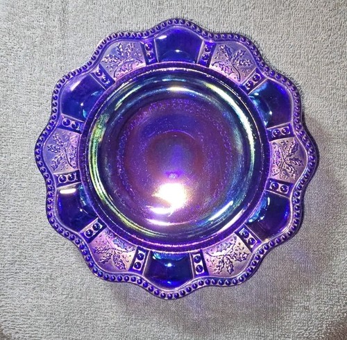 Vintage Summit Art Glass Colbalt Blue Holly Carnival Glass Domed Butter Dish - Picture 4 of 7