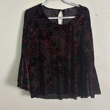Womens Black Red Velvet Burnout Mesh Top Bell Sleeve Whimsigoth Gothic Sheer