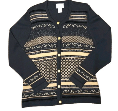 Vintage Susan Bristol 90s Beaded Cardigan Womens L Black Gold Grannycore Sweater