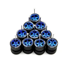 5x Blue 5 Star 10/10mm Real Rider Wheels w/ Rubber Tires for 1/64 Scale Cars