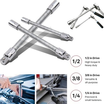 3-Piece Flexible Socket Extension Bar Set 1/2'' 1/4'' 3/8'' Shaft Drive 10'' 8'' 6''