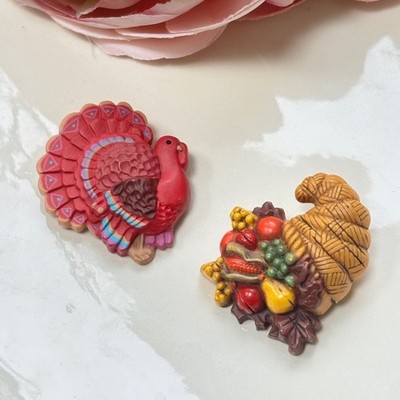 Vintage Hallmark Turkey and Cornucopia Brooch Set