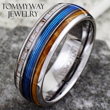 Tungsten Men's Ring Blue Fishing Line-Whiskey Barrel Wood  Deer Antler Band