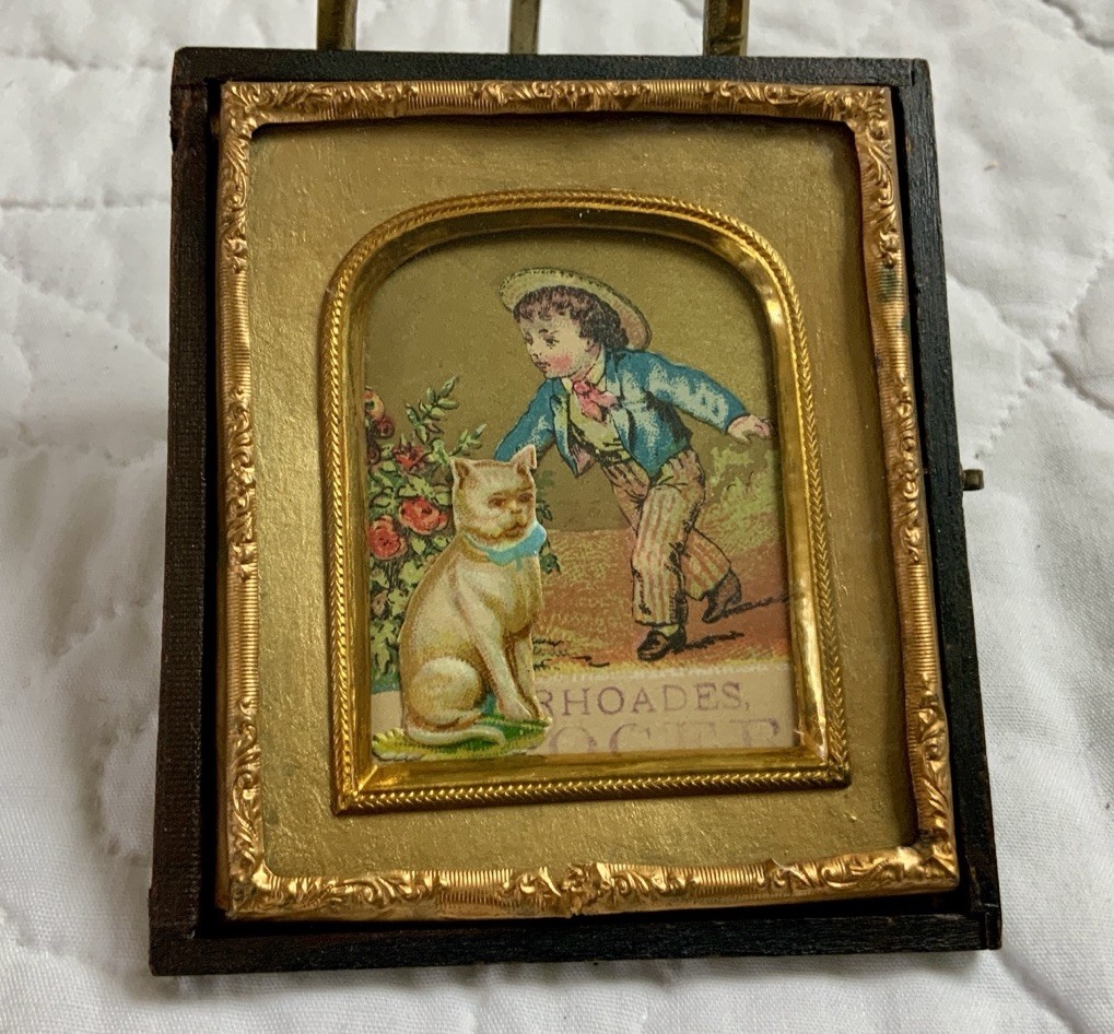 Antique Victorian Trade Card Ephemera Framed, Union Case, Young Boy, Kitty Cat