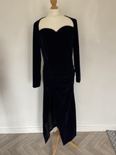 Vintage Midnight Blue Velvet Dress UK 10-12 Long Side Slit Gothic Occasion