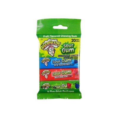WarHeads Sour Gum 20 Pieces Blue Raspberry, Watermelon & Green Apple