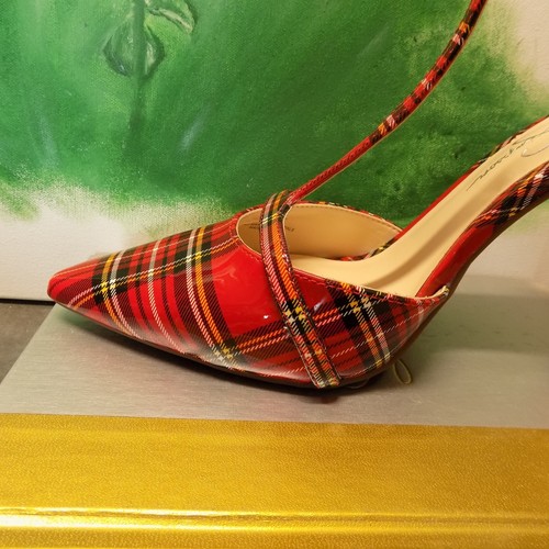 Jessica Simpson Wilrou Red Plaid Patent T-Strap Heels size 9-1/2 - Picture 3 of 14
