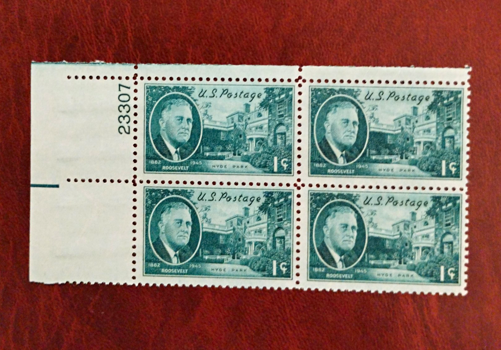 United States Roosevelt Hyde Park 1¢ Green Plate Block of 4 #23307