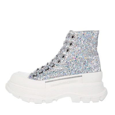Alexander McQueen Women's Glitter High Top Sneakers White Rubber NIB 850 Sz 38