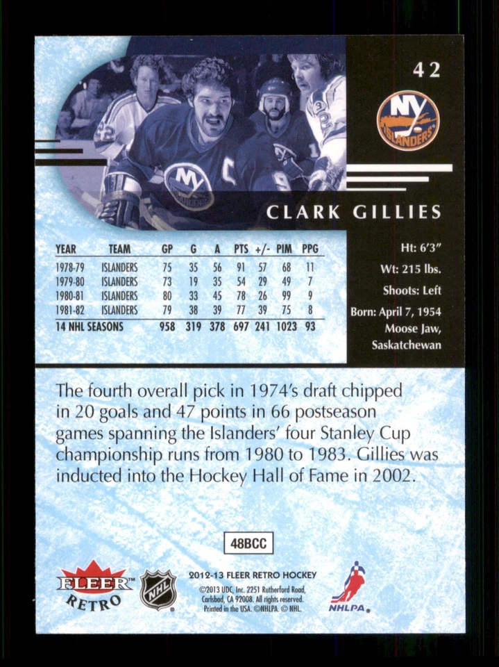  42 Clark Gillies 9 Islanders 2013 Fleer Hockey Sports Trading Card  - Image 2 of 2