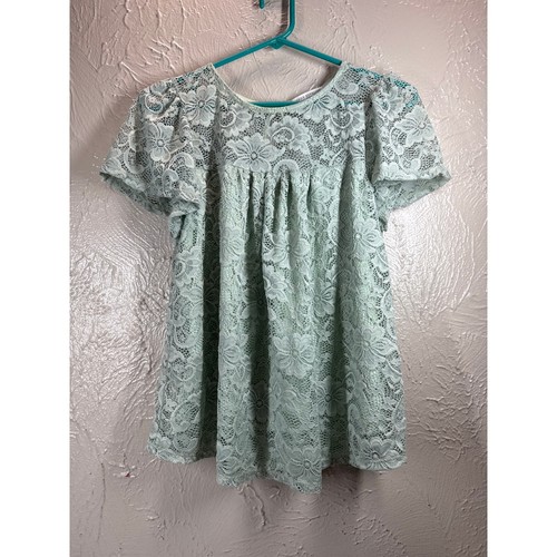 Green Envelope Blouse Womens Green Lace Button Short Sleeve Round Neck Small