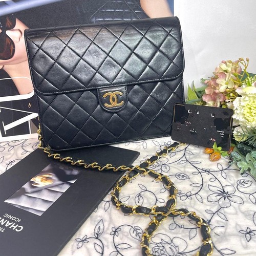 CHANEL Matelassé Black Leather Double Flap Chain Shoulder Bag Vintage