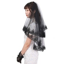 Long Black Lace Wedding Veil Floral Halloween Bridal Veil with Comb Soft Tulle