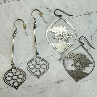 Vintage 2 Pair Open Work Dangle Earrings Ken Kantro Signed 1987 Laser Cut Tree