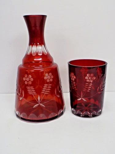 Bohemian Ruby Red Cut to Clear Glass Tumble Up Bedside Decanter & Tumbler