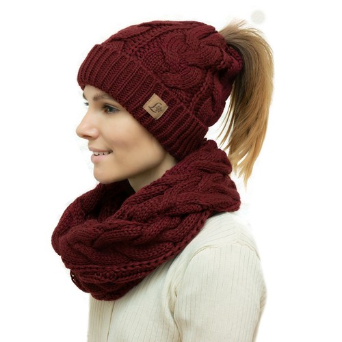 Conjunto de sombrero y bufanda para mujer cola de frijol moño alto cola de caballo elástico tejido gorro sombrero - Imagen 36 de 38