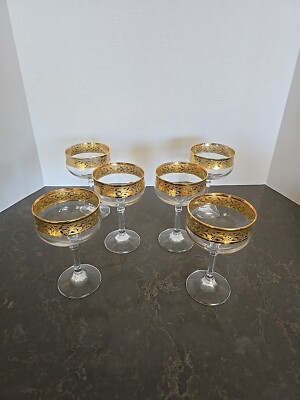 Set Of 6 Italian CRISTALLERIA FRATELLI FUMO Crystal 24K Gold Rim Champagne Glass