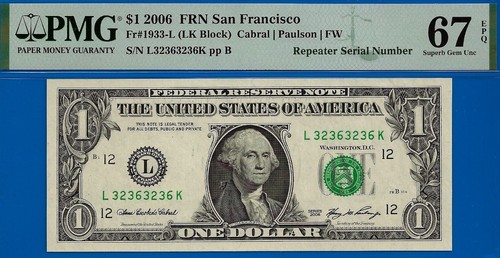 2006 $1 Federal Reserve Note PMG 67EPQ 2nd highest graded San Francisco repeater - Picture 3 of 4