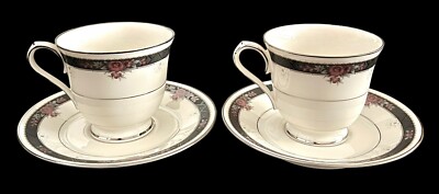 2 Noritake Etienne Cup Saucer Sets Black Band Pink Gray Floral Japan Excellent